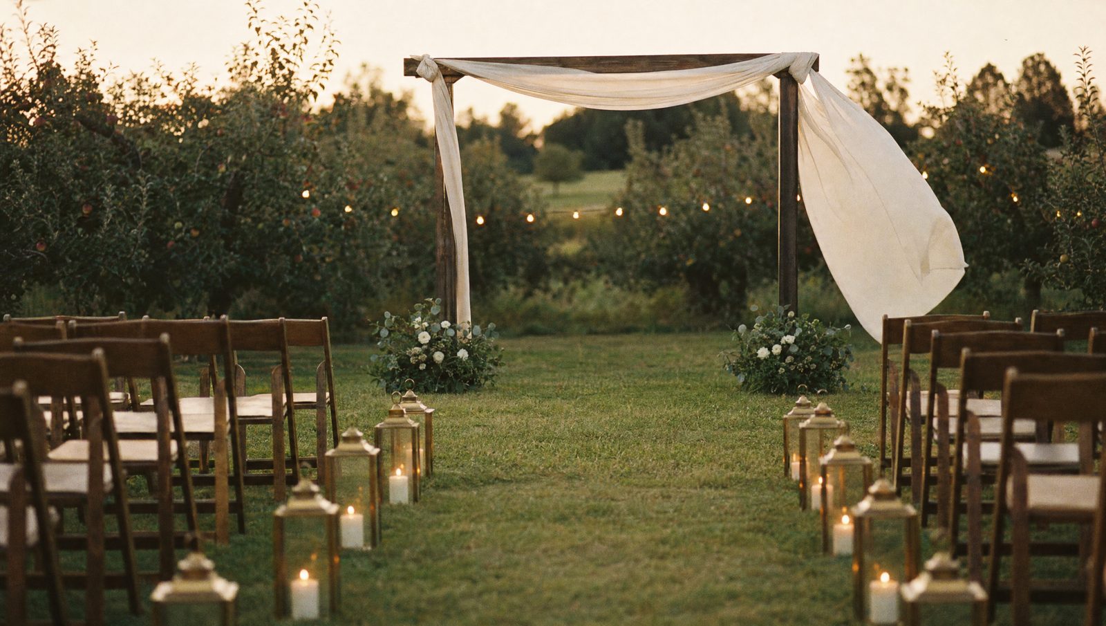 A DIY wedding arch in an orchard at dusk with string lights in the trees behind it