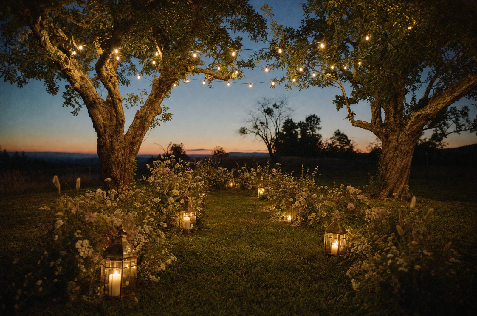 A wedding ceremony with no arch: two apple trees frame the aisle, a runner of wildflowers and lanterns between them