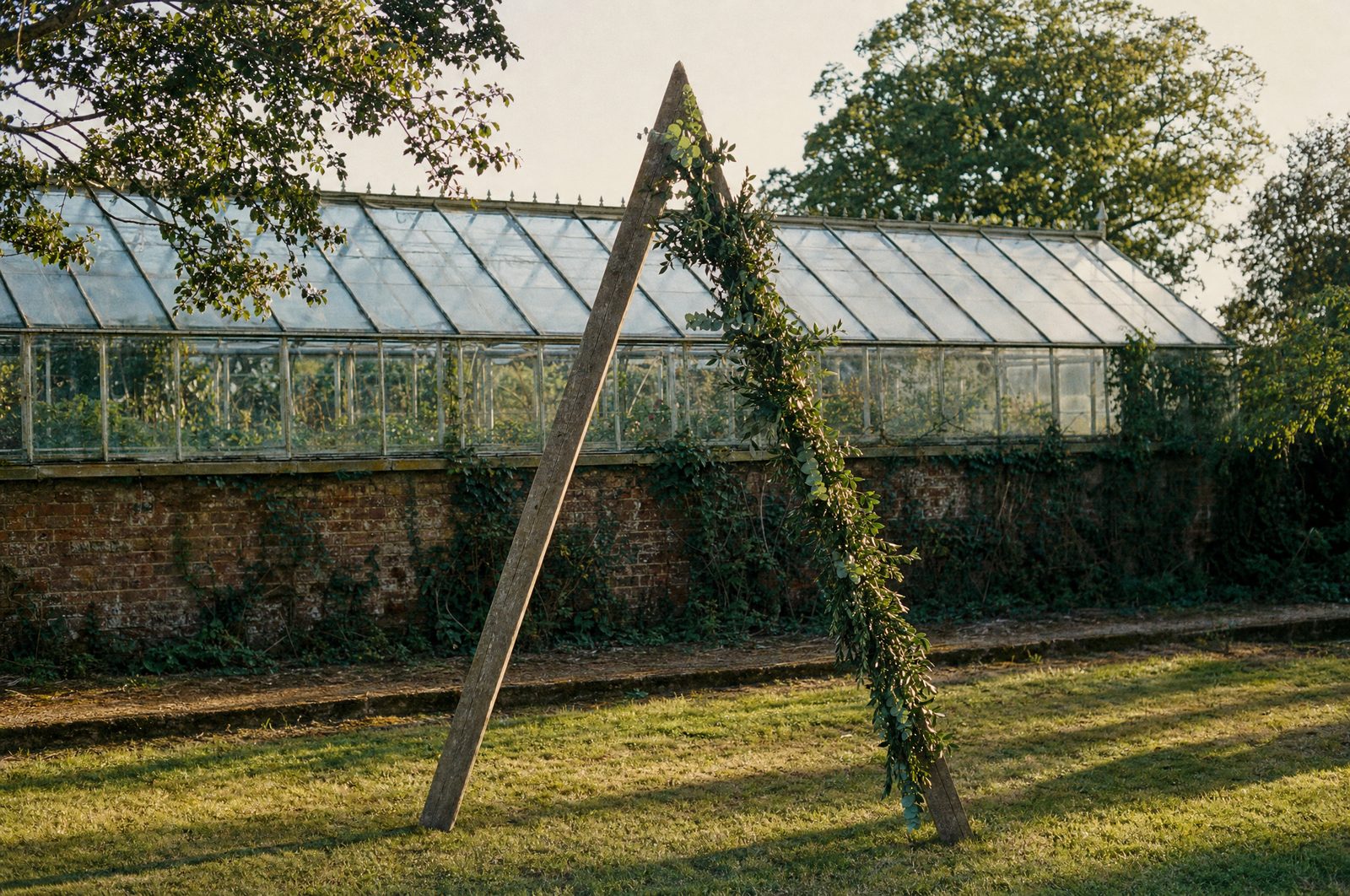 A triangle A-frame wedding arch of weathered timber in front of an old greenhouse with garland on one leg