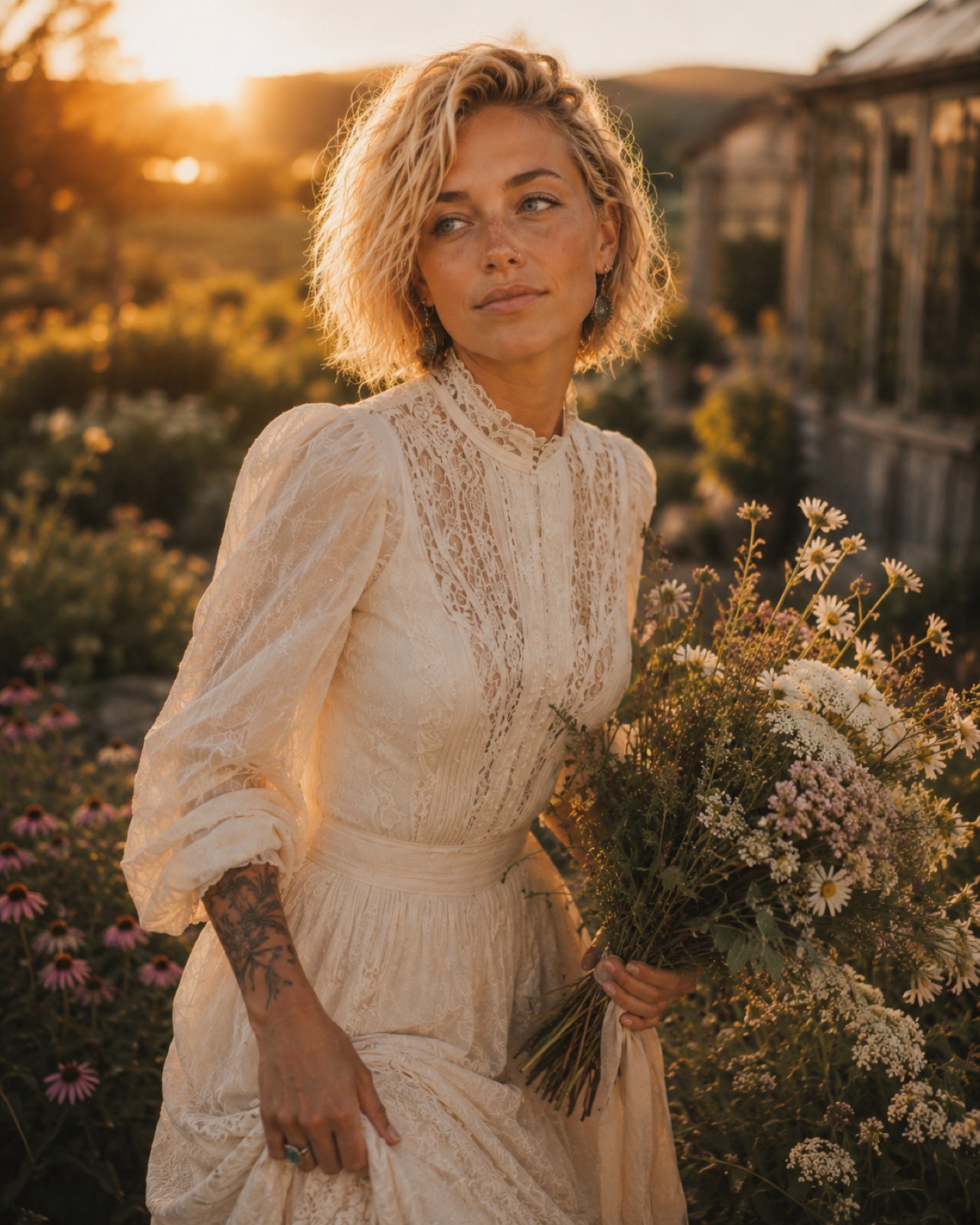 Wildflower bouquet at golden hour