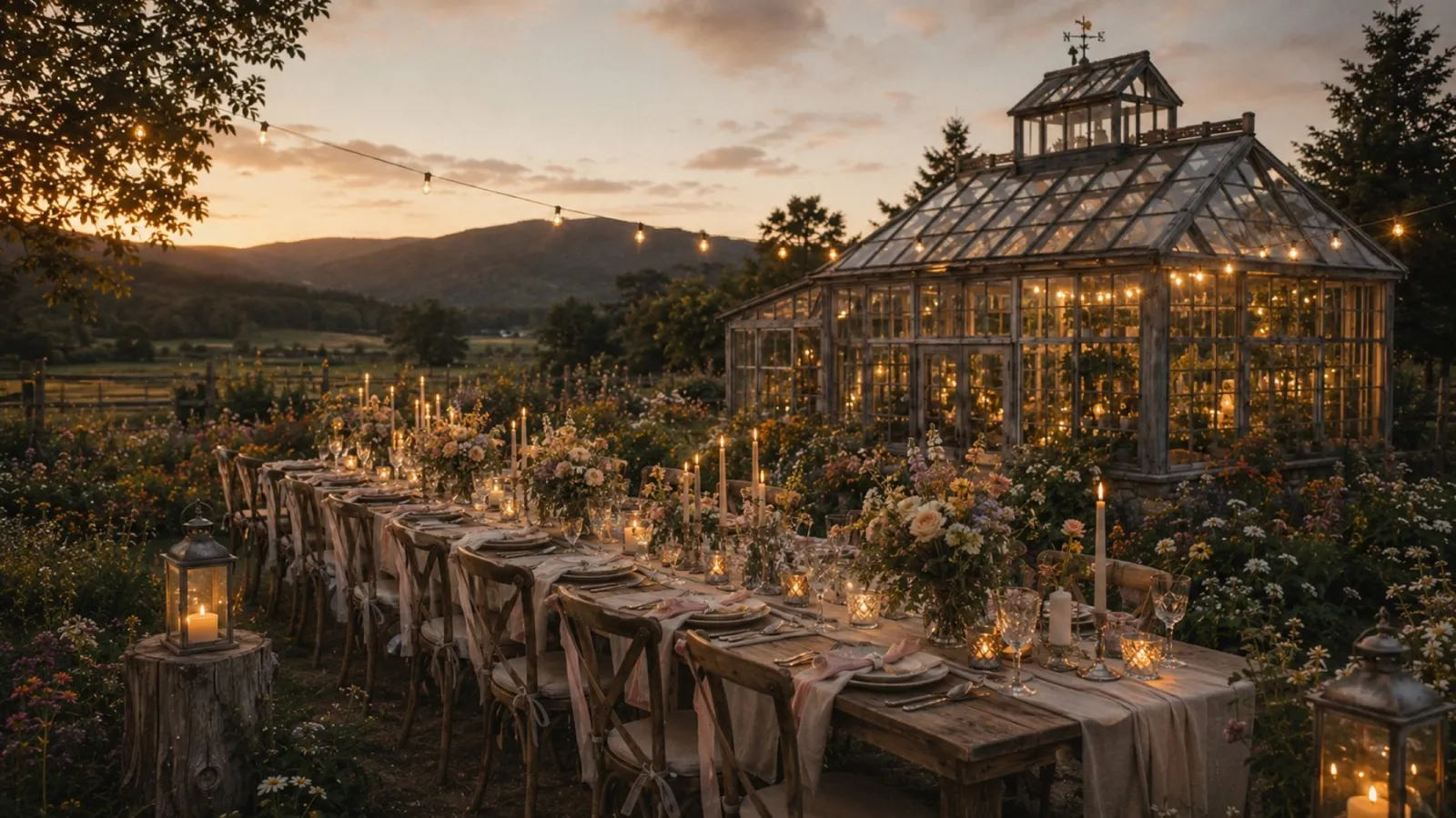 Long reception table at sunset