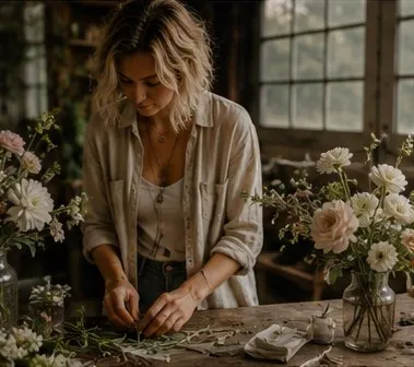 Ana arranging stems at a workbench between two glass vases of garden roses and daisies