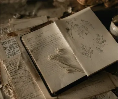 An open cutting journal with a pressed stem and pencil sketches of seed heads