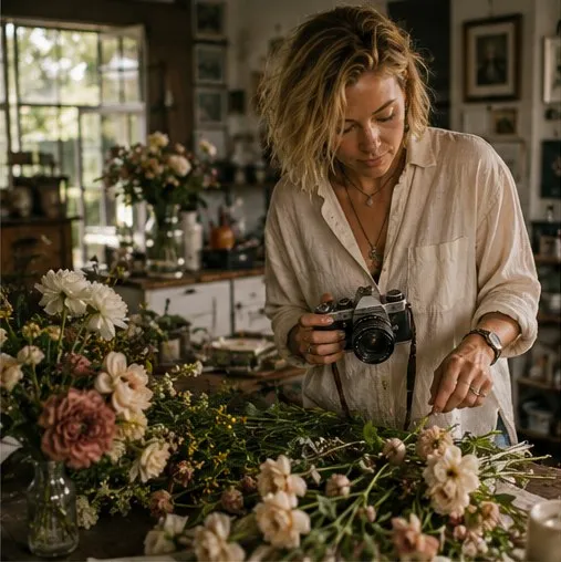 Ana photographing a spread of just-cut garden roses and dahlias on the kitchen table