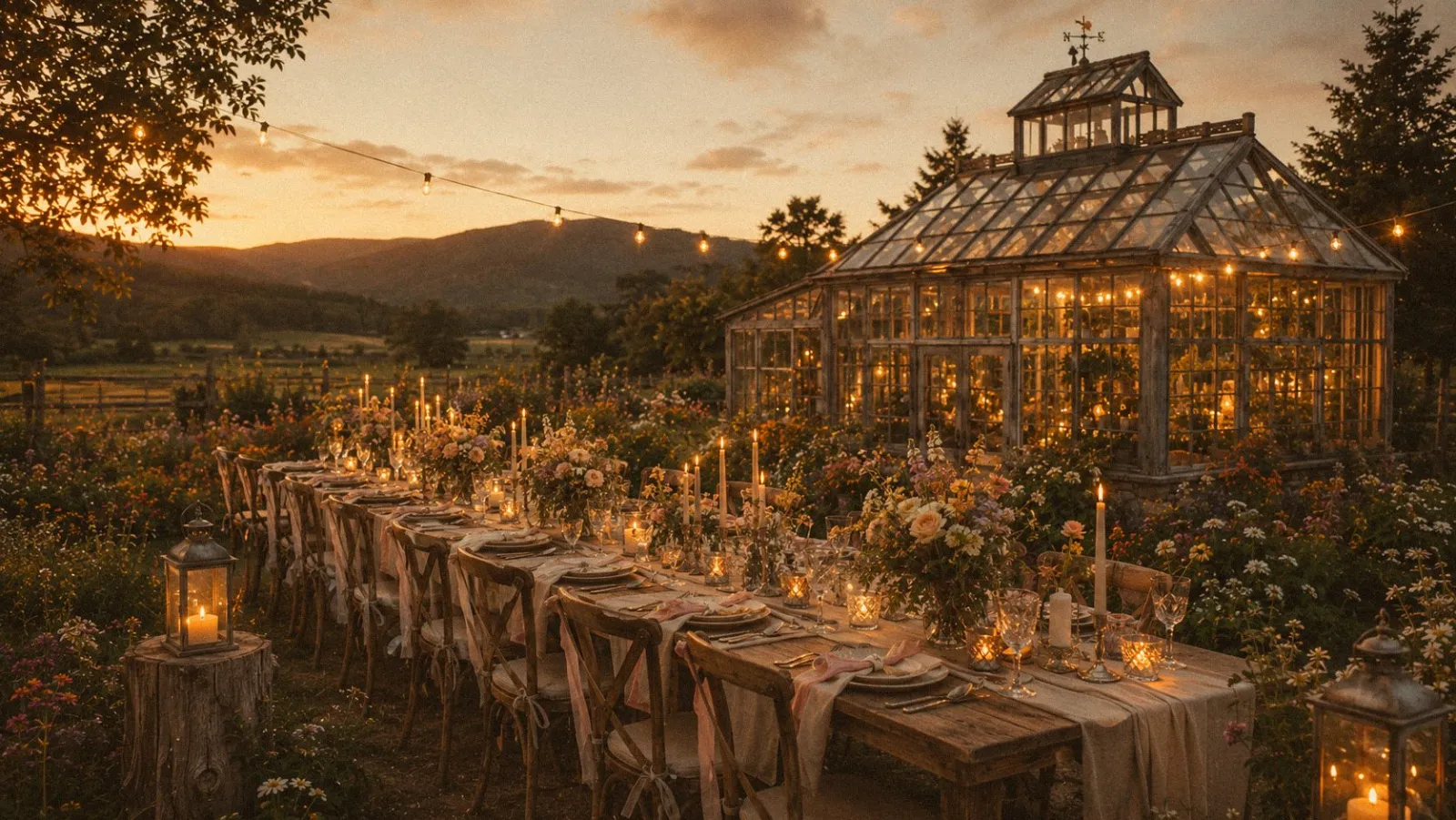 A long wedding table at dusk in front of an old greenhouse, lanterns and candles lit, garden flowers low down the table
