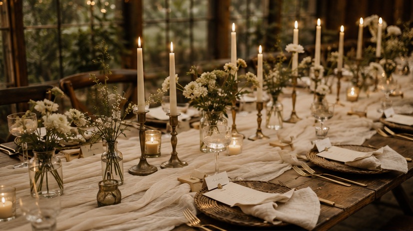 The candlelit barn reception table from the far end